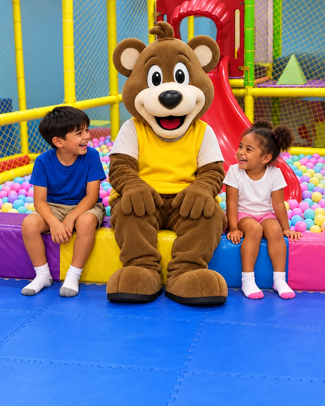 Mascota Kidz City en el área de bolas