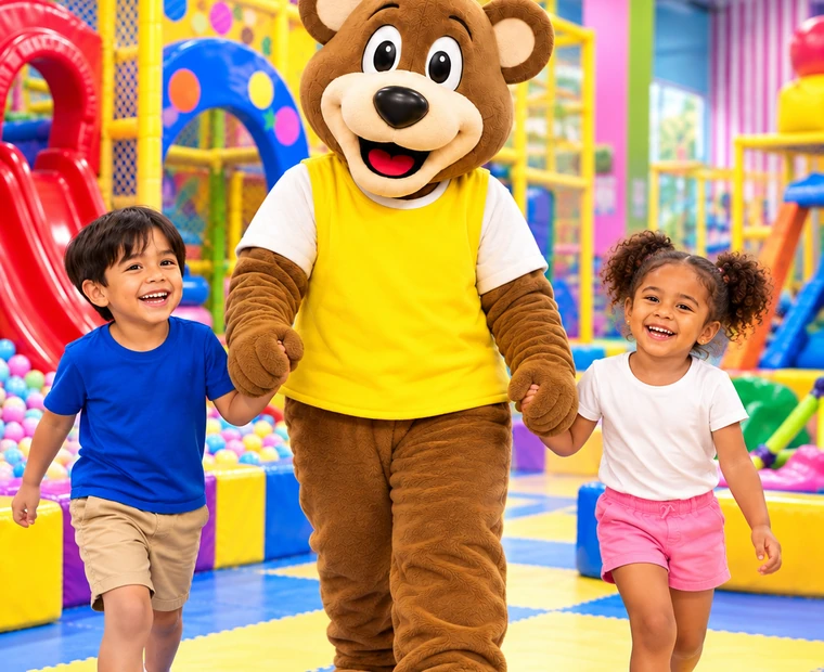 Mascota Kidz City caminando junto a dos niños felices