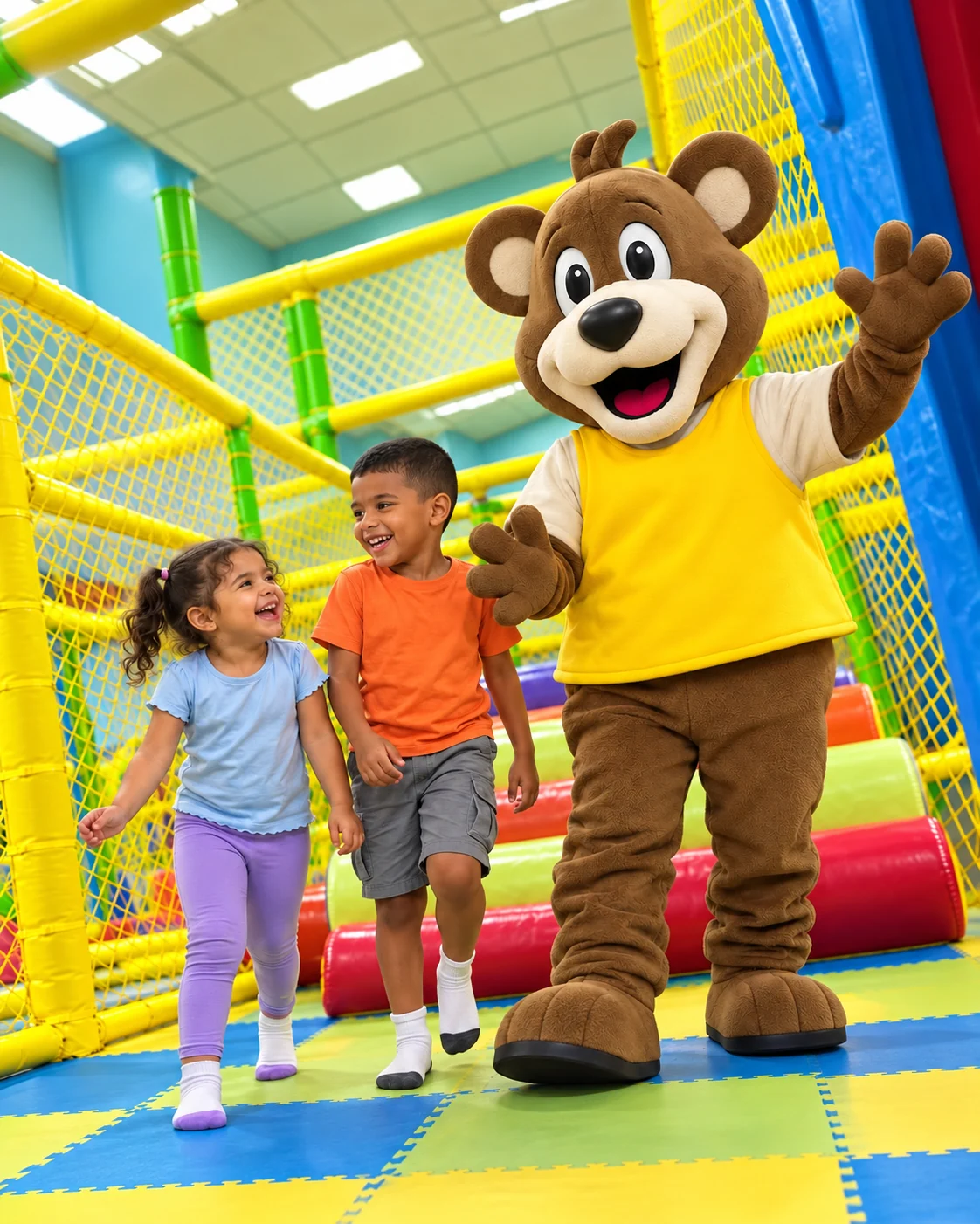 Niños caminando con la mascota Kidz City