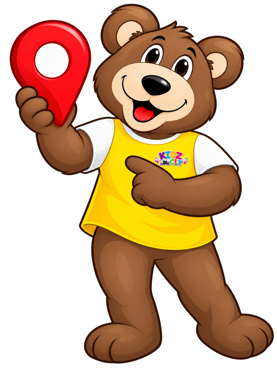 Mascota Kidz City con pin de ubicación
